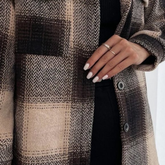 plaid print button up overcoat fall winter casual trending - Picture 4 of 6